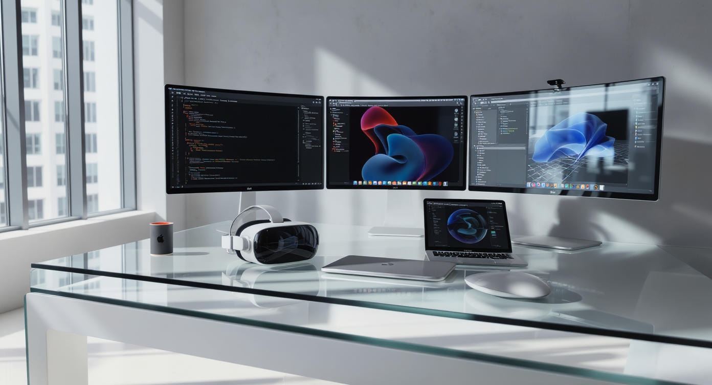 Casque VR Apple avec interface iOS sur fond technologique