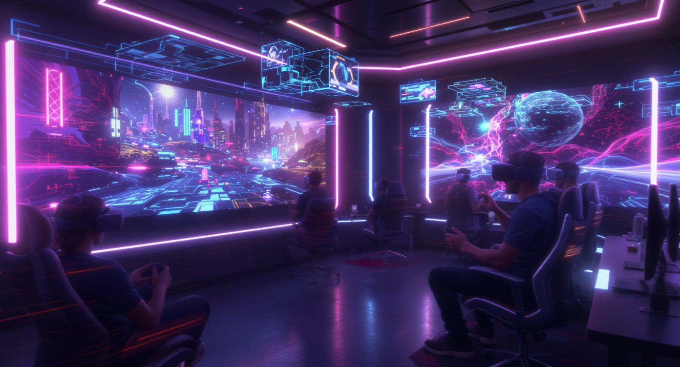 Joueur de réalité virtuelle explorant un monde immersif et interactif