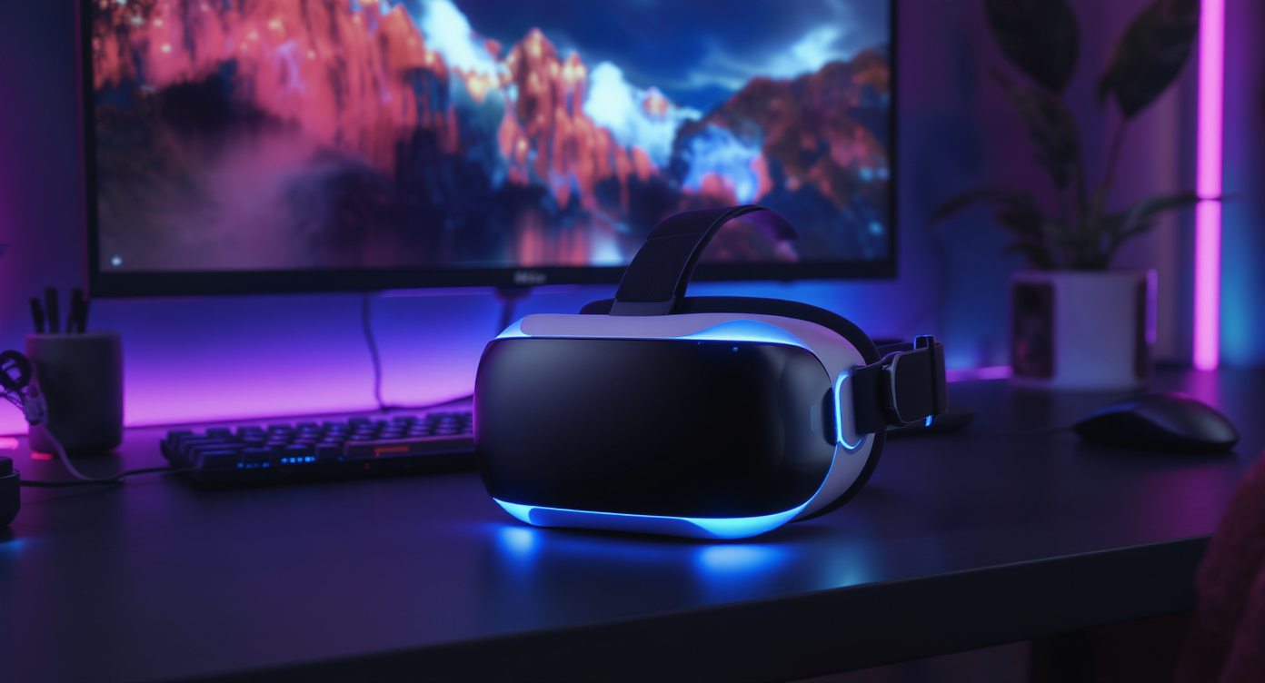 Casque VR moderne avec fonctionnalités avancées et design futuriste