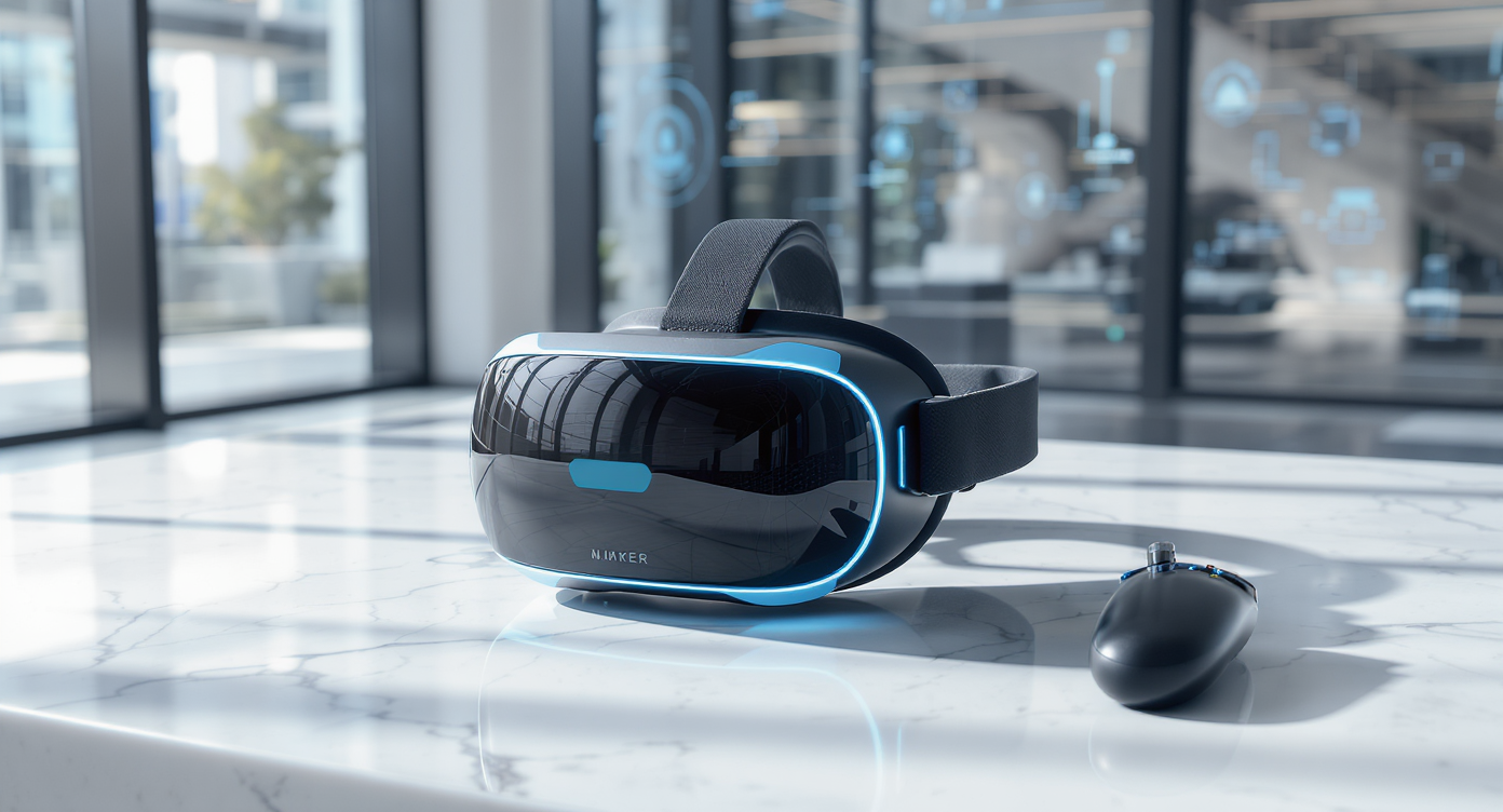 Casque VR moderne avec utilisateurs explorant des environnements virtuels