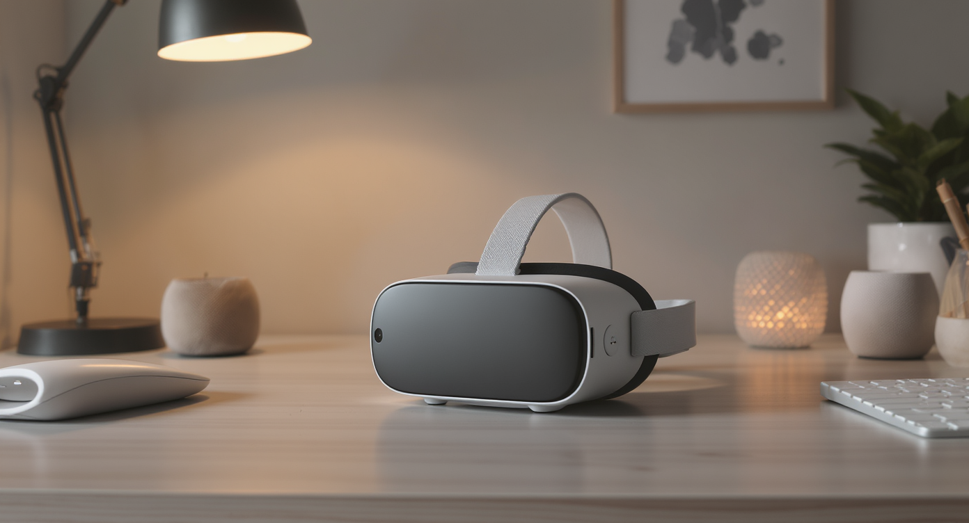 Casque VR pour smartphone sur un bureau moderne avec accessoires