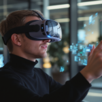 Casque de réalité virtuelle avec utilisateur explorant un monde numérique