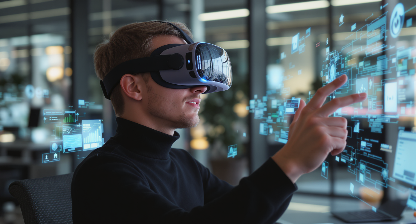 Casque de réalité virtuelle avec utilisateur explorant un monde numérique