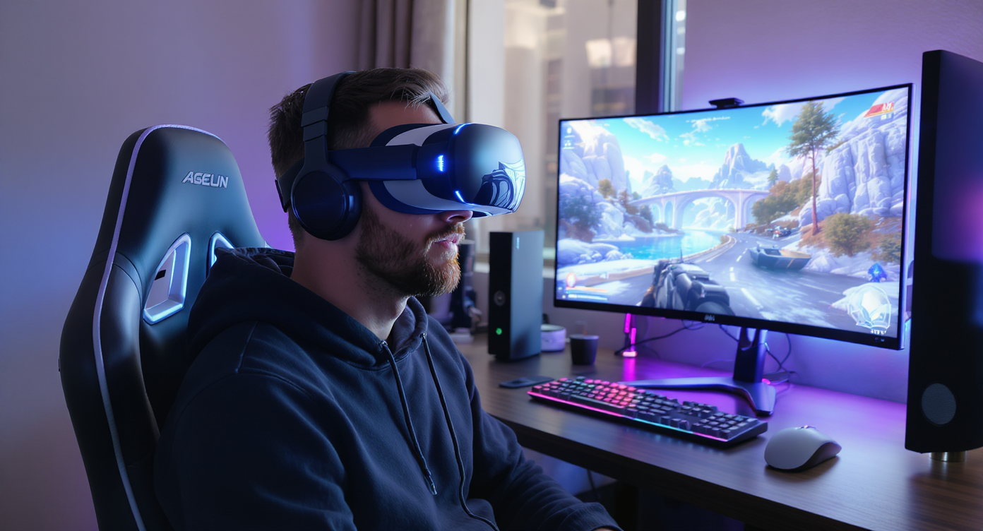 Casque de réalité virtuelle avec jeux emblématiques en arrière-plan
