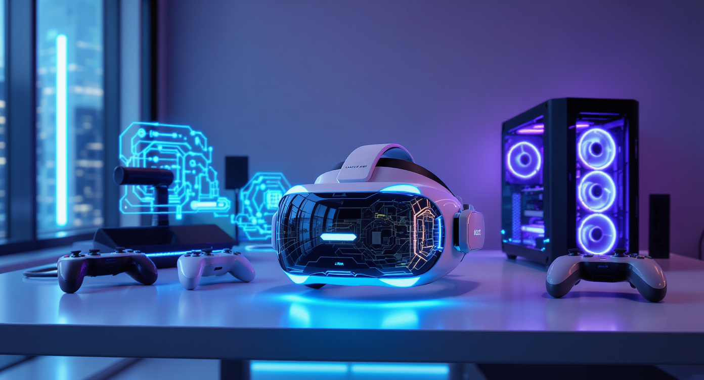 Casques de réalité virtuelle modernes sur fond technologique dynamique